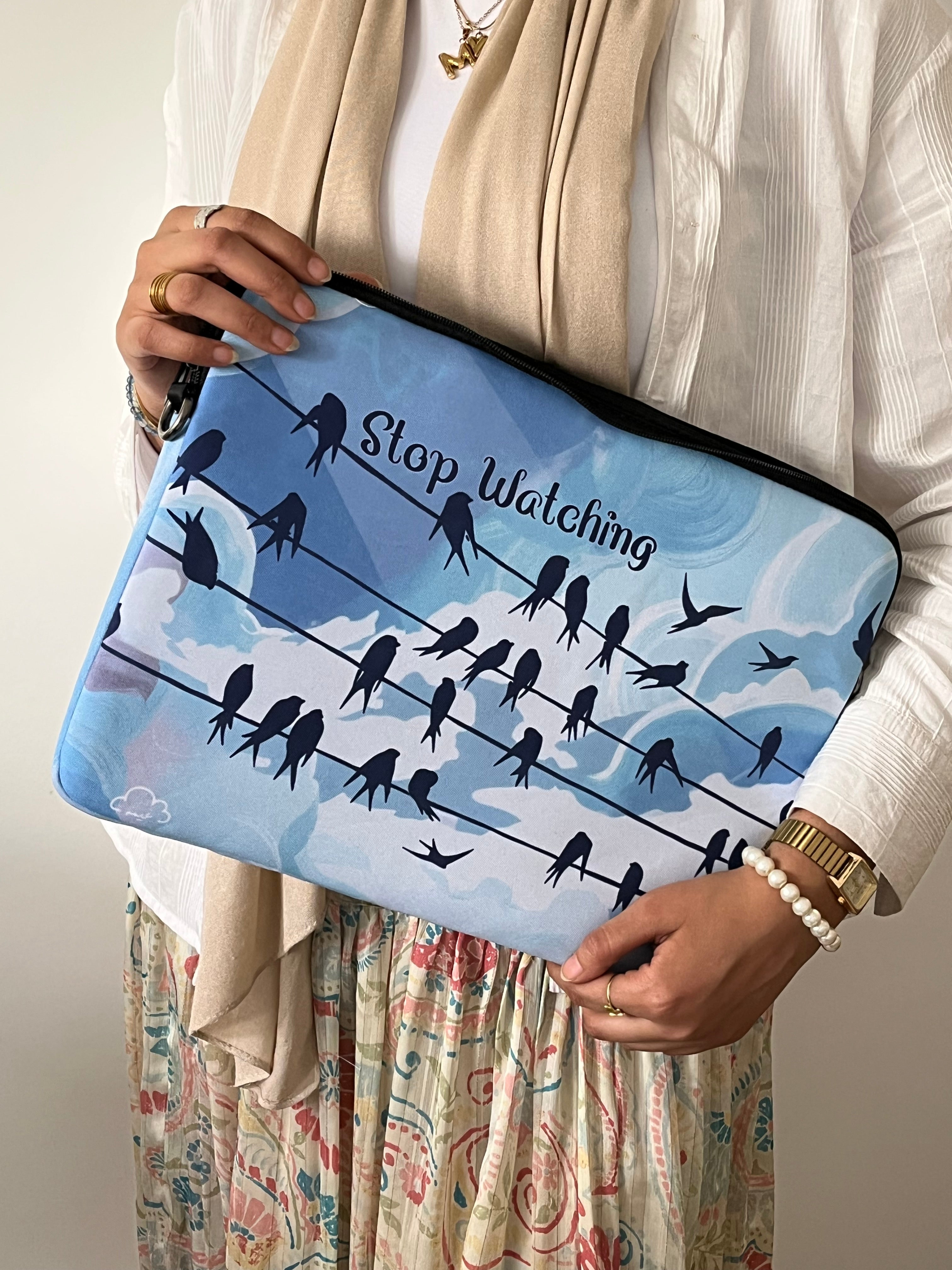 STOP WATCHING laptop sleeve light blue
